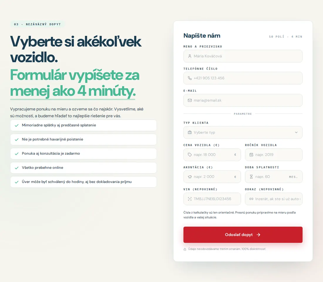 Enquiry form on the SfinAuto website