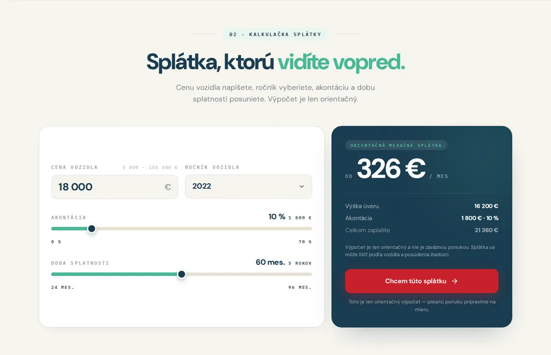 Payment calculator on the SfinAuto website