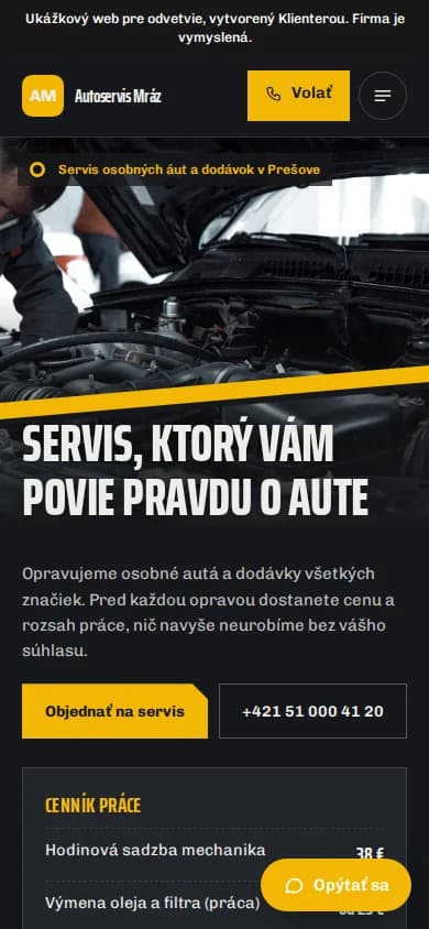 Autoservis Mráz weboldalának bemutatója, mobil